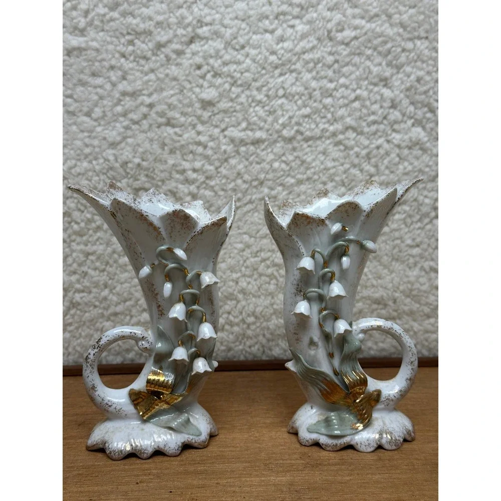 Vintage Cornucopia Vases White Lily of the Valley Gold Gilt Set 2 Lefton China
